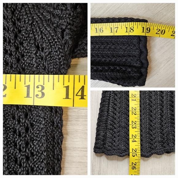 DKNY JEANS Black Witchy Crochet 3/4 Sleeve Open Knit Pullover Top Neck Tassels S - Picture 4 of 6